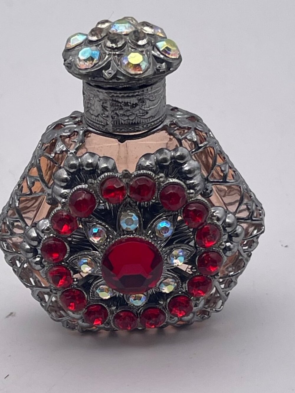 Vintage Czech Filigree Perfume Mini Bottle Glass Dabber Silver Red Rhinestone B2